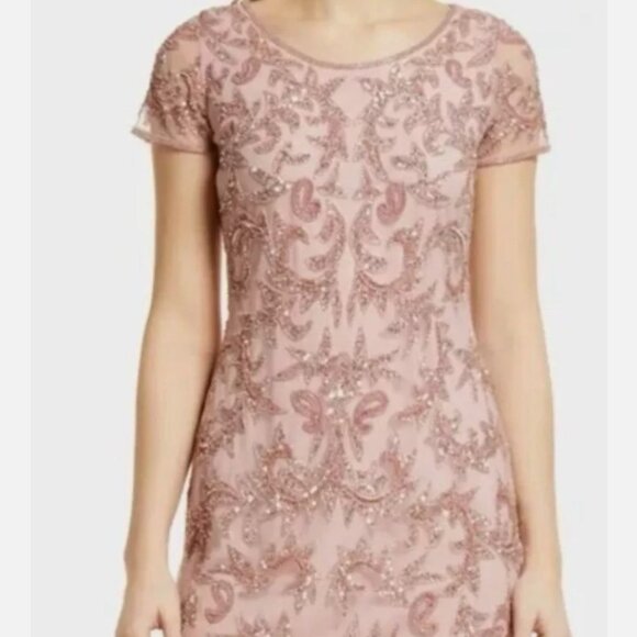 NWT! PISARRO NIGHTS BEADED MESH COCKTAIL DUSTY PINK ROSE MINI DRESS Sz 8 - Picture 6 of 7
